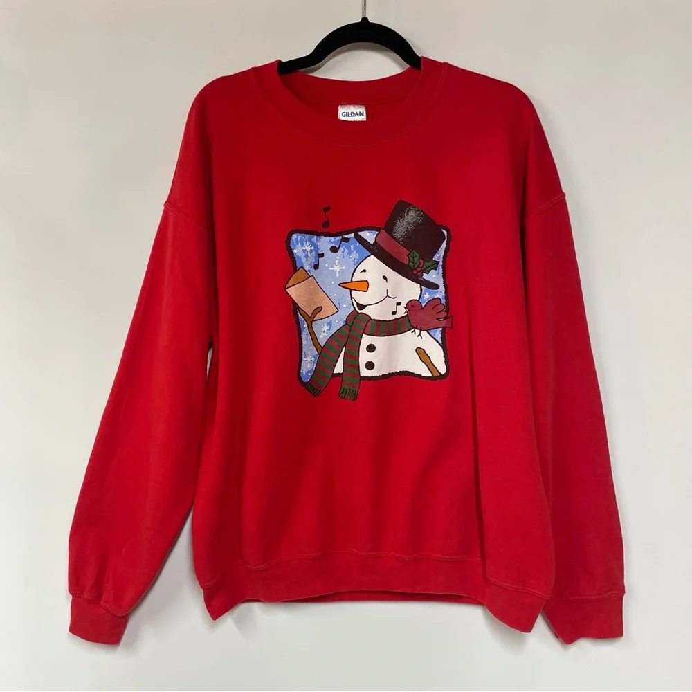Gildan Women’s Vintage 90s Red Sweatshirt Snowman Holiday Winter Cardinal Frosty - Picture 1 of 4